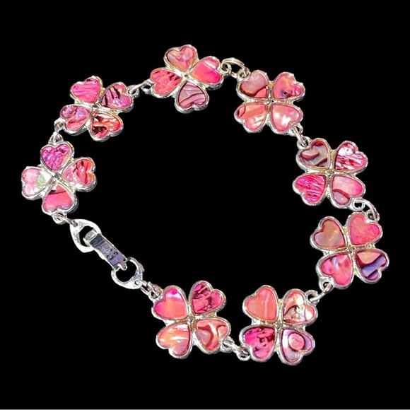 Vintage Silver and Pink Abalone 4 Leaf Clover Bracelet - Ladder Clasp - Picture 1 of 5